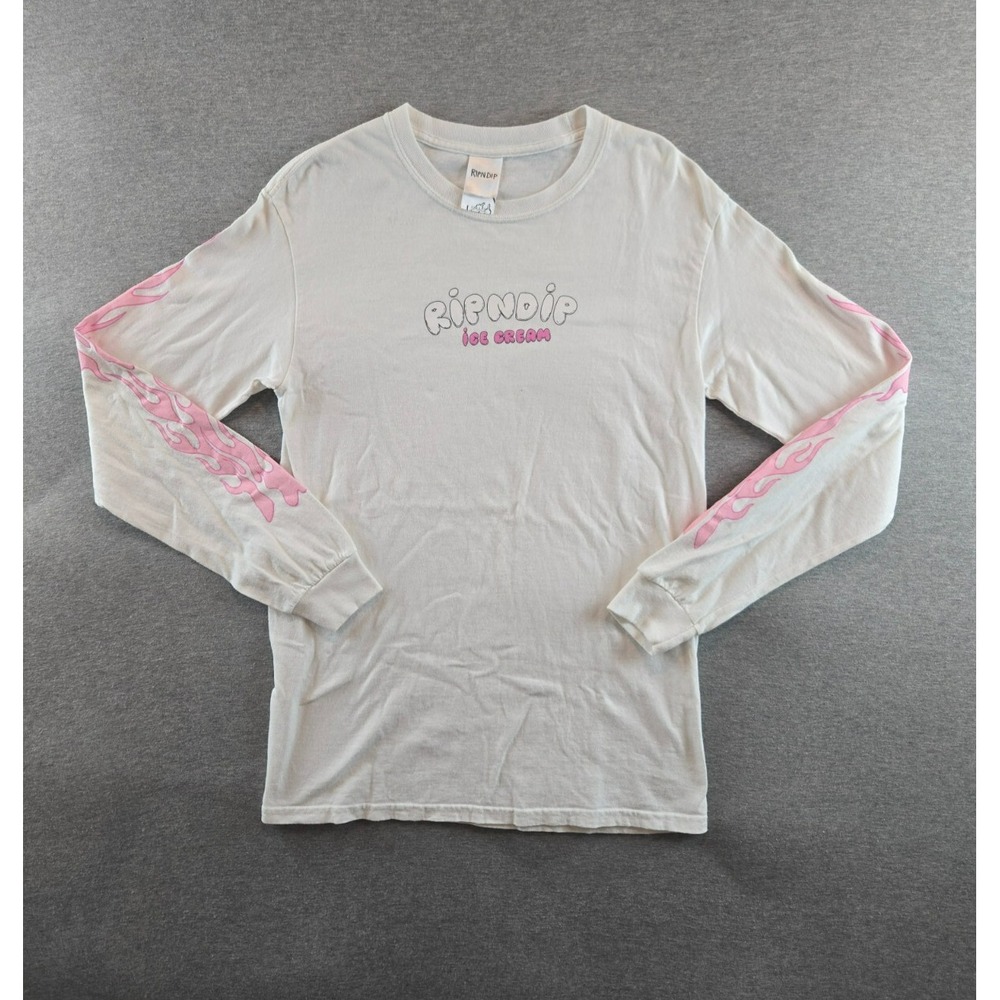 RIPNDIP Ice Cream Long Sleeve T Shirt Size Small White w Pink Flames Skater‎